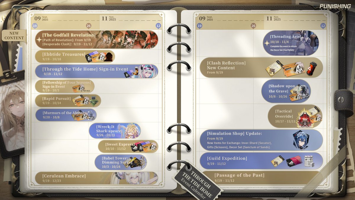 Dear Commandants,

The event calendar for the upcoming integrated version [Through the Tide Home] is fresh out of the oven! Check out the image below for details regarding characters, coatings, and events in the near future. Stay tuned for more amazing content in the new version!
