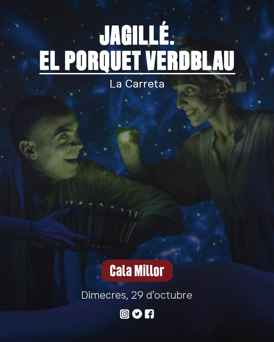 🎭 JAGILLÉ. EL PORQUET VERDBLAU <a href="/LaCarreta/">Teatro La Carreta</a> 

Un porquet diferent, un univers ple de colors i una història que desperta somriures i emocions. 🐷

📍 Sala La Fornal 📆 Dilluns, 27 d’octubre
📍 Alcúdia 📆 Dimarts, 28 d’octubre
📍 Cala Millor 📆 Dimecres, 29 d’octubre

#xarxaalcover