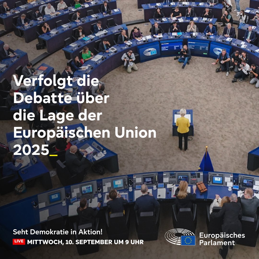 📅 Heute Morgen um 9 Uhr: Live aus Straßburg – das Europäische Parlament debattiert über die Arbeit der Kommission 🇪🇺

Die Rede zur Lage der Union – der Moment, um einen Blick in Europas Zukunft zu werfen.

👉 Seid dabei!