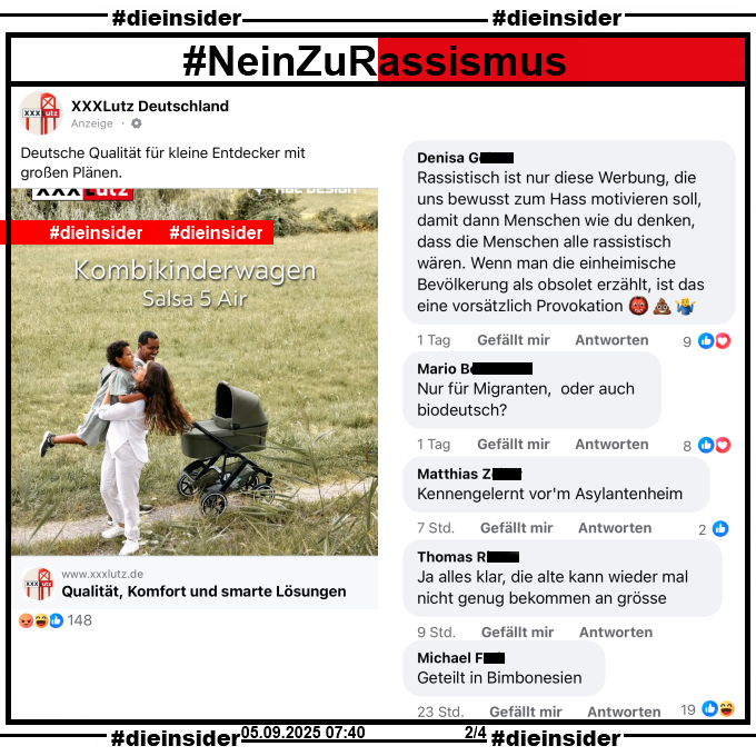 Die_Insider's tweet image. Wieder #Rassismus unter Anzeigen von XXXL Lutz Deutschland! Es ist ein Armutszeugnis! #NeinZuRassismus

#LautGegenNazis #NiemalsAfD #AfDVerbot
#GemeinsamGegenHass #DieInsider