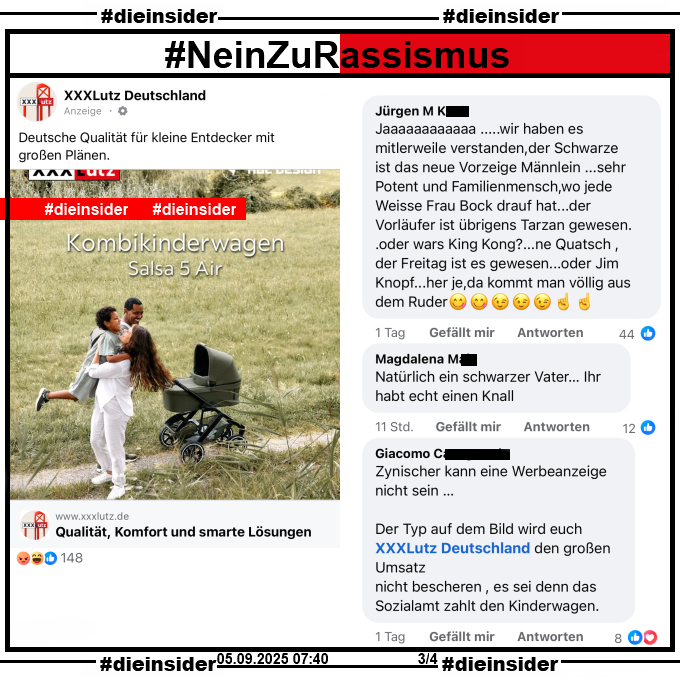 Die_Insider's tweet image. Wieder #Rassismus unter Anzeigen von XXXL Lutz Deutschland! Es ist ein Armutszeugnis! #NeinZuRassismus

#LautGegenNazis #NiemalsAfD #AfDVerbot
#GemeinsamGegenHass #DieInsider
