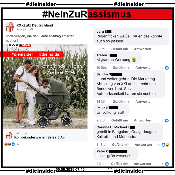 Die_Insider's tweet image. Wieder #Rassismus unter Anzeigen von XXXL Lutz Deutschland! Es ist ein Armutszeugnis! #NeinZuRassismus

#LautGegenNazis #NiemalsAfD #AfDVerbot
#GemeinsamGegenHass #DieInsider