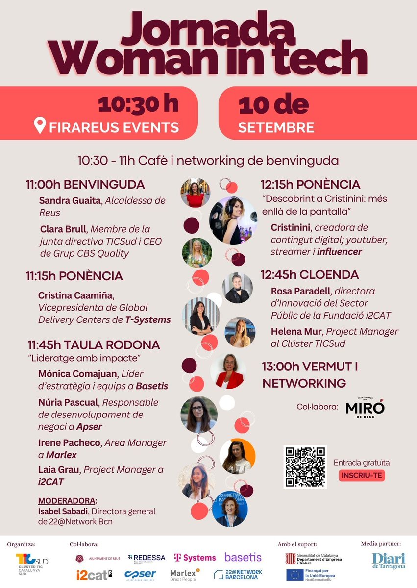 👩‍💻DARRERS DIES! INSCRIU-TE a la #WomanInTech #TICSud del 10/9 #Reus!
👇👇
inntuyo.com/jornada-woman-…

🔶Cristina Caamiña <a href="/TSystems_Iberia/">T-Systems Iberia</a>,  <a href="/IamCristinini/">Cristinini ൠ</a>, <a href="/isabelsabadi/">Isabel Sabadí Masó</a> <a href="/22networkbcn/">22@Network Barcelona</a>, Mónica Comajuan #Basetis, Núria Pascual #Apser, Irene Pacheco #Marlex i Laia Grau <a href="/i2CAT/">i2CAT Research Centre</a>
⏬⏬