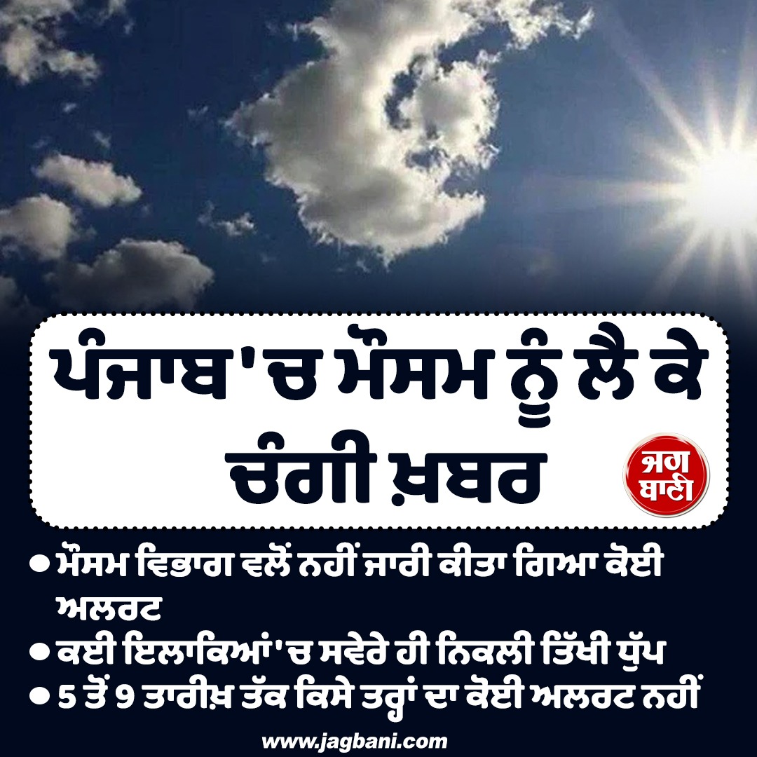JagbaniOnline's tweet photo. ਪੰਜਾਬ 'ਚ ਮੌਸਮ ਨੂੰ ਲੈ ਕੇ ਚੰਗੀ ਖ਼ਬਰ
#Punjab #Weather #GoodNews #NoAlert #HeavyRain https://t.co/EjGtx7Y1o2