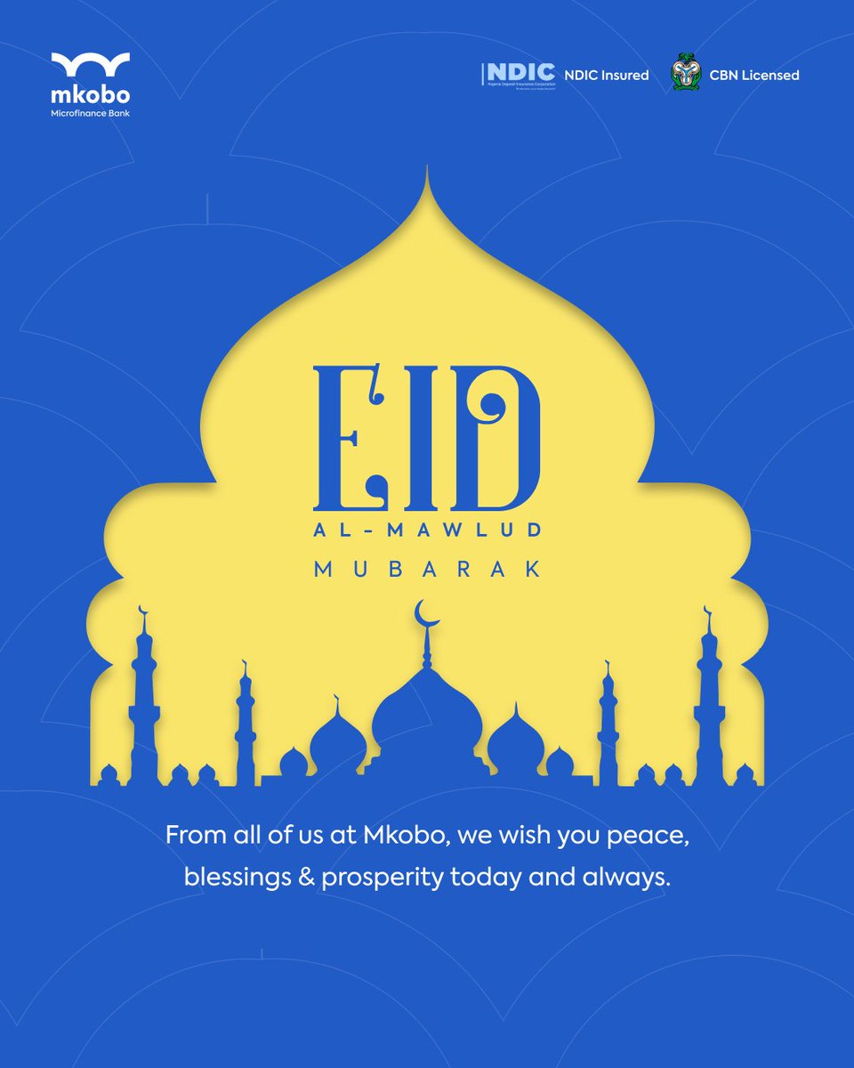 mkobobank's tweet photo. Today, we join our Muslim brothers and sisters in celebrating Eid al-Mawlud.
May this day bring you peace, joy, and endless blessings for you and your loved ones.
Eid Mubarak from all of us at Mkobo.
#mkobo #eidmawlud #eidmubarak #mkoboat10 #peaceandp #financialwellbeingforall https://t.co/s69YzGW82d