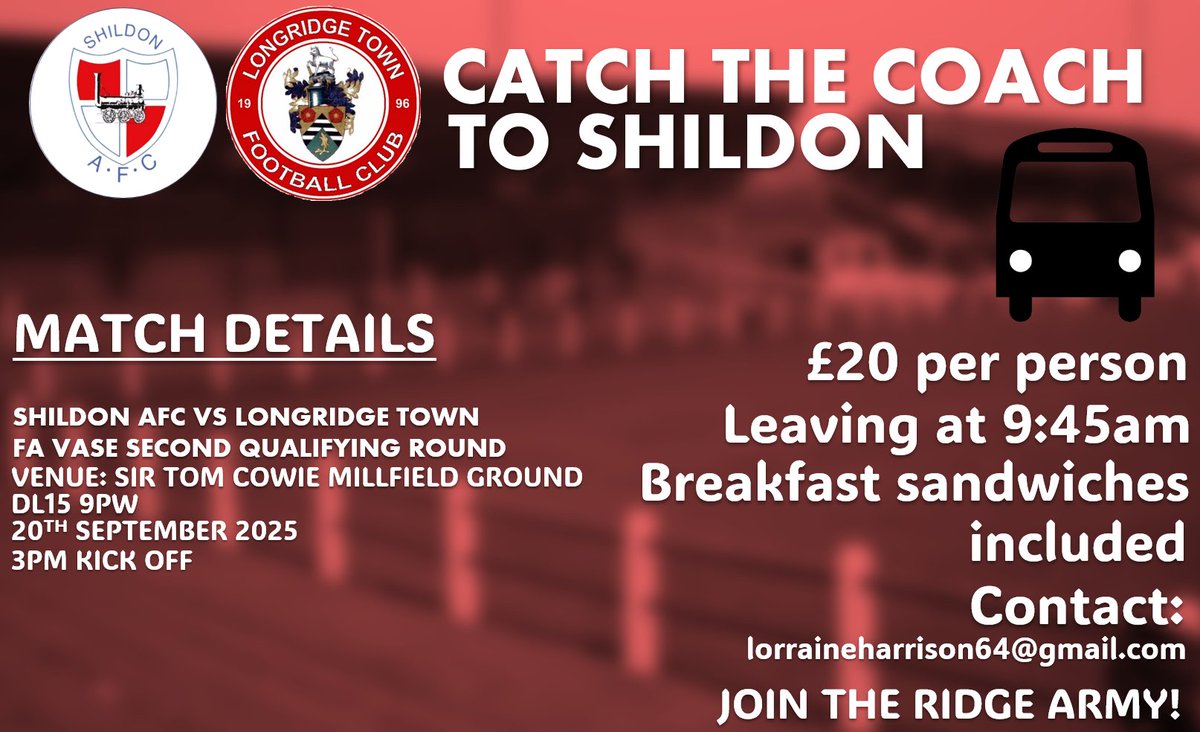 Longridge Town FC (@longridgetownfc) on Twitter photo 🚍 𝘾𝘼𝙏𝘾𝙃 𝙏𝙃𝙀 𝘾𝙊𝘼𝘾𝙃 𝙏𝙊 𝙎𝙃𝙄𝙇𝘿𝙊𝙉!
There's another big do on the horizon 🫡
Be apart of it as we look for a big season in the FA Vase! 🏆
Contact lorraineharrison64@gmail.com to book your spot 👊
#UpTheRidge 🚍 𝘾𝘼𝙏𝘾𝙃 𝙏𝙃𝙀 𝘾𝙊𝘼𝘾𝙃 𝙏𝙊 𝙎𝙃𝙄𝙇𝘿𝙊𝙉!
There's another big do on the horizon 🫡
Be apart of it as we look for a big season in the FA Vase! 🏆
Contact lorraineharrison64@gmail.com to book your spot 👊
#UpTheRidge
