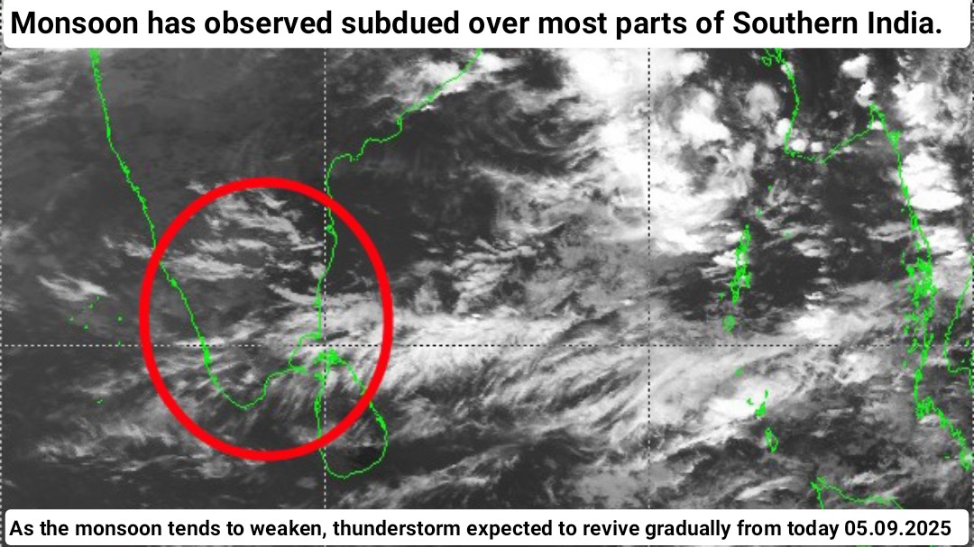 DWM Daily Weather Forecast, Dated: 05.09.2025. 
==> Daytime temperatures in Tamil Nadu are expected to be slightly above normal for the next few days.  

==> Starting today (06.09.2025), convective rainfall accompanied by thunder and lightning is anticipated during evening/night