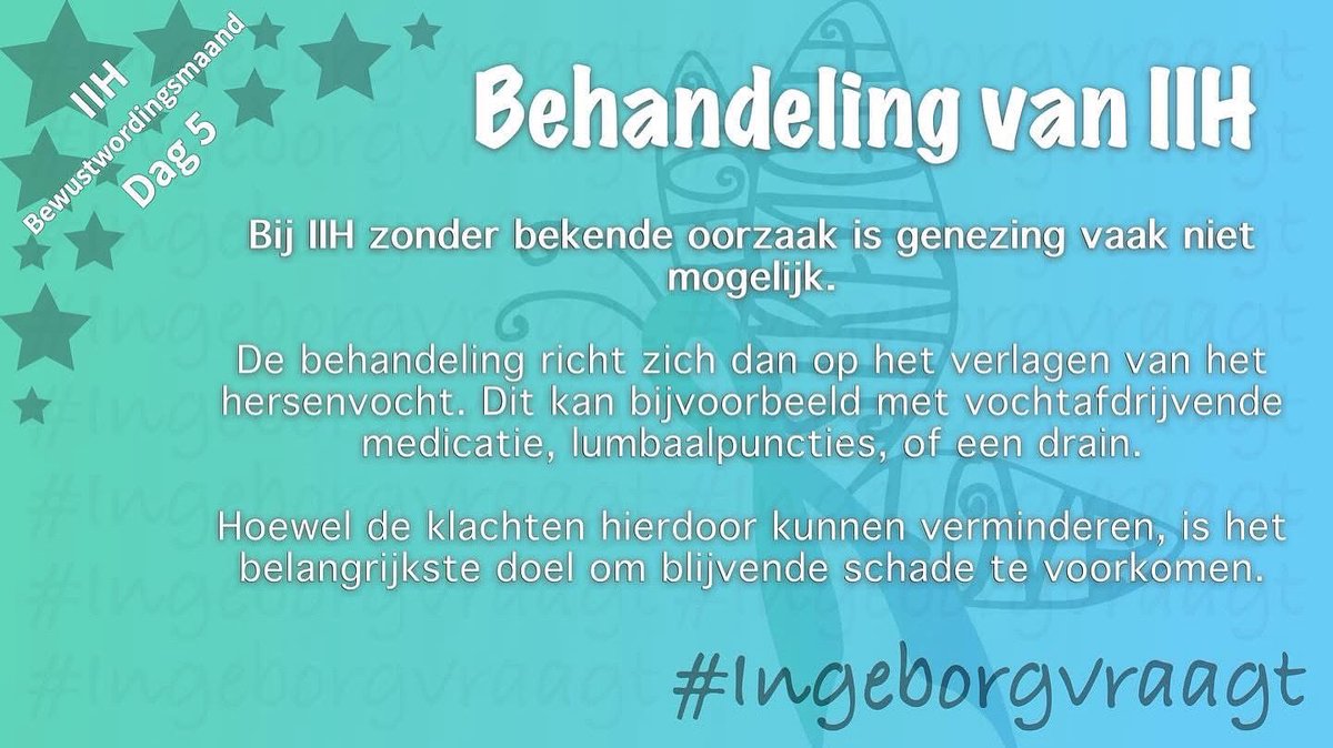 Behandeling van IIH zonder bekende oorzaak richt zich op het verminderen van hersenvocht, niet op genezing. 

Vocht afdrijvende medicatie, lumbaalpuncties of een drain kunnen blijvende schade voorkomen. 

Helaas zorgt deze behandeling niet altijd voor blijvende verlichting. #IIH