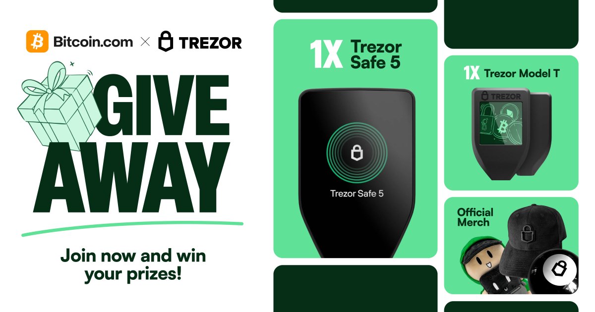 🚨 GIVEAWAY TIME 🚨

We’ve teamed up with <a href="/Trezor/">Trezor</a> to give away:
- 1x Trezor Safe 5
- 1x Trezor Model T
- Merch

How to enter: 
✅ Follow <a href="/Trezor/">Trezor</a> &amp; <a href="/BTCTN/">Bitcoin.com News</a> 
✅ Like + RT 
✅ Tag a friend

Ends Sept 12 — winners on Sept 12!

🔁 Don’t miss your shot at a free hardware wallet!