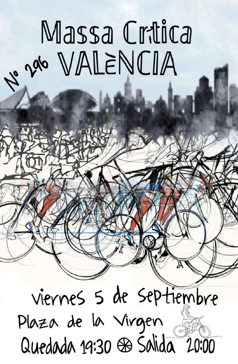 Massacriticavlc's tweet photo. ¡¡Hoy hay Massa Crítica València!! Como todos los primeros viernes de mes un montón de bicis coincidirán casualmente para dar una vuelta por la ciudad sin contaminar y con alegría.

📍Plaza de La Virgen
⏰ 19:30 
🧭 Si llegas tarde nos pillas con @CriticalMaps 

¡Viva la bici! https://t.co/jBm1Djs5RI