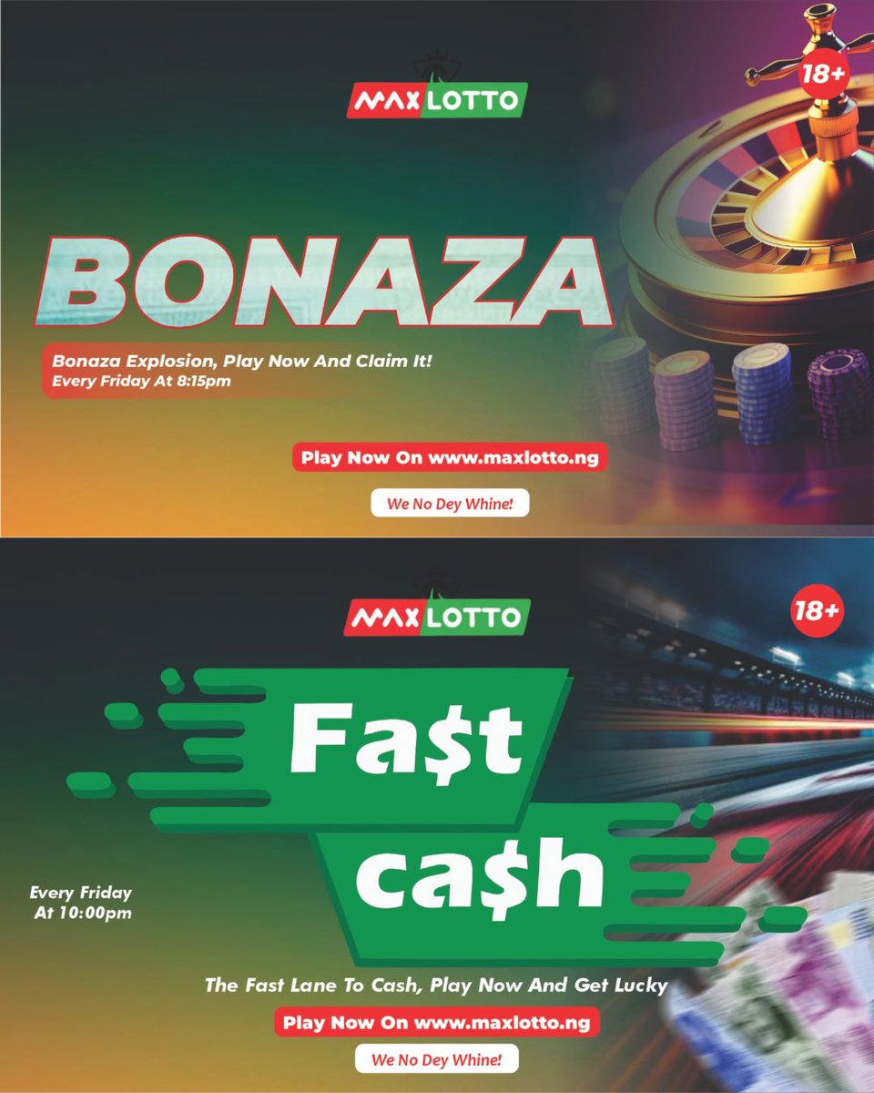 MaxLotto (@maxlotto_ng) on Twitter photo π Friday Vibes with Max Lotto! π
Todayβs Games:
π SARKI β 10AM
π SUCCESS β 1PM
π₯ ULTIMATE β 4PM
π SUPREME β 8PM
π BONANZA β 8:15PM
β‘ FAST CASH β 10PM
Your jackpot could be just one play away! gameplay.maxlotto.ng
#FridayVibes #MaxLotto #WeNoDeyWhine #NaijaJackpot π Friday Vibes with Max Lotto! π
Todayβs Games:
π SARKI β 10AM
π SUCCESS β 1PM
π₯ ULTIMATE β 4PM
π SUPREME β 8PM
π BONANZA β 8:15PM
β‘ FAST CASH β 10PM
Your jackpot could be just one play away! gameplay.maxlotto.ng
#FridayVibes #MaxLotto #WeNoDeyWhine #NaijaJackpot