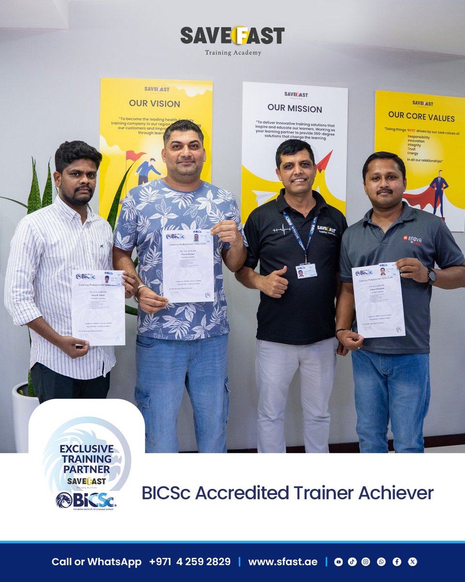 save_fast's tweet image. Congratulations to the Enova team on completing their BICSc Accredited Trainer program with SaveFast Training Academy — a great step in advancing cleaning and hygiene standards!

Call/WhatsApp: +971 4 259 2829 | sfast.ae

#Enova #SaveFastAcademy #BICSc