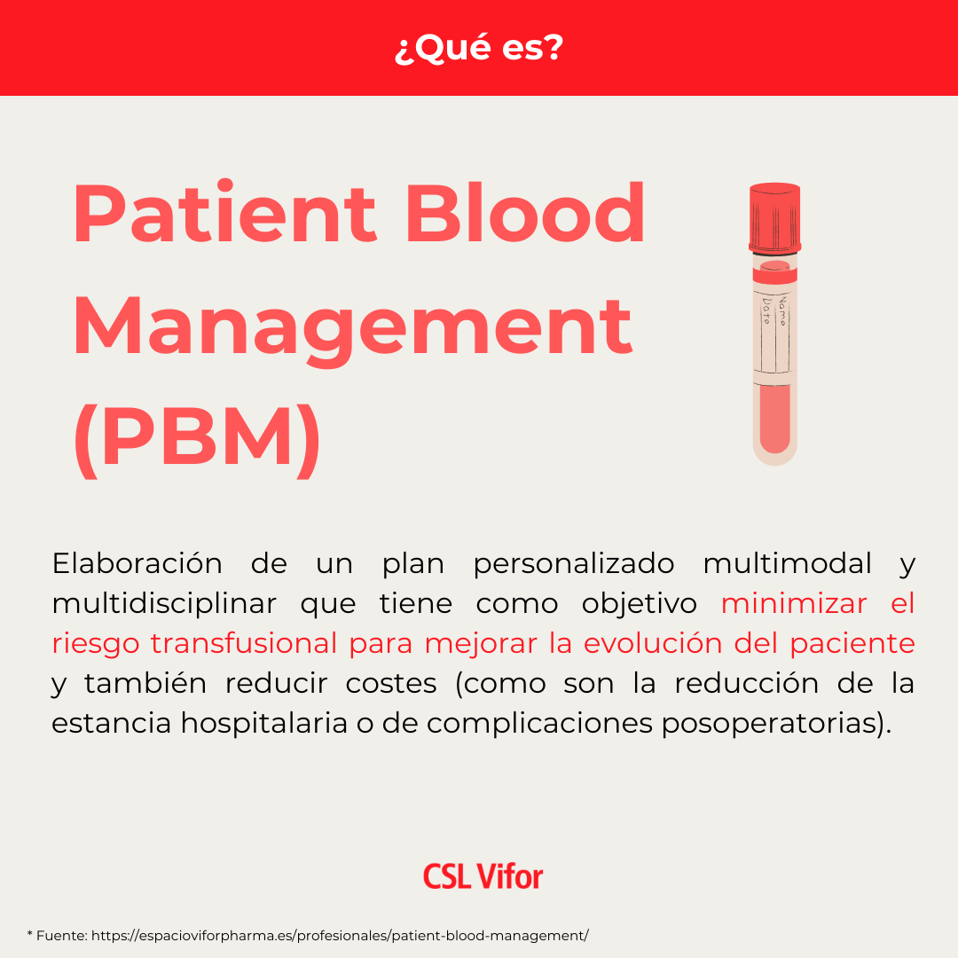Se denomina Patient Blood Management (#PBM) a elaborar un plan multimodal y multidisciplinar que permite: 

1️⃣ Minimizar el riesgo en las transfusiones
2️⃣ Mejorar la evolución del paciente 
3️⃣ Reducir costes hospitalarios y complicaciones.
