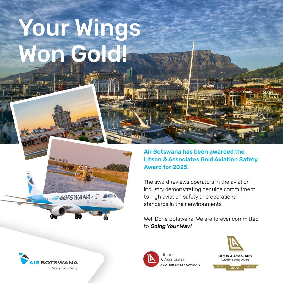 Your wings, our pride!

Air Botswana has been awarded the Litson &amp; Associates Gold Aviation Safety Award for 2025, a recognition of our unwavering commitment to world-class safety and operational excellence.

Thank you for trusting us.

#AirBotswana #GoingYourWay