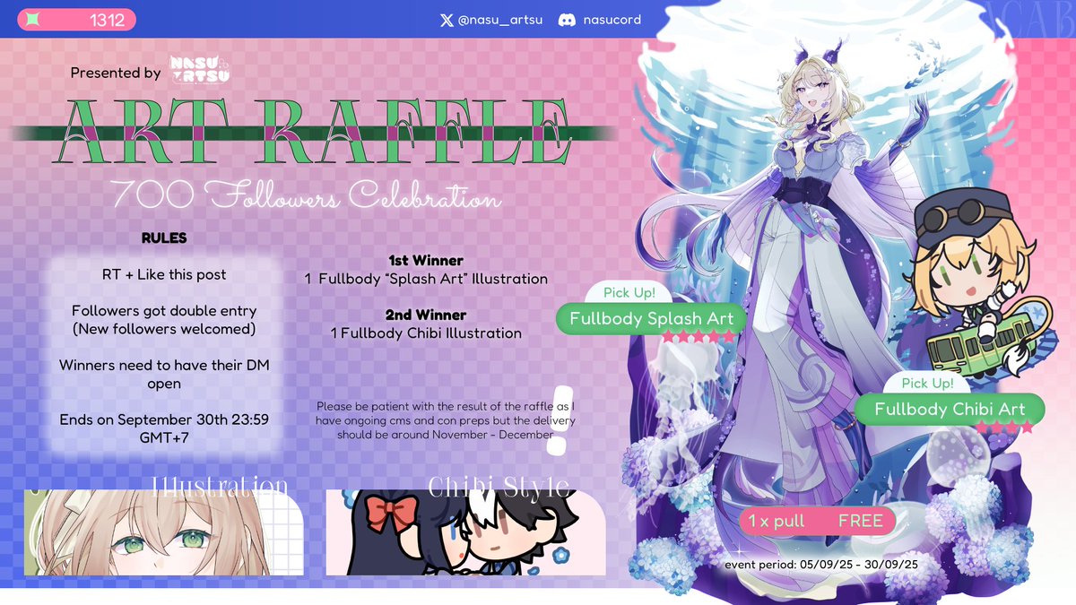 [ 700 Followers ART RAFFLE ]

2 winners!✨How to join:
- RT + Like this post to join
- Followers get extra entry (new followers welcomed)
- Ends 30th September 2025 23:59 GMT+7 / WIB
More details on pic!

Good Luck!  #Artraffle #Vtuber