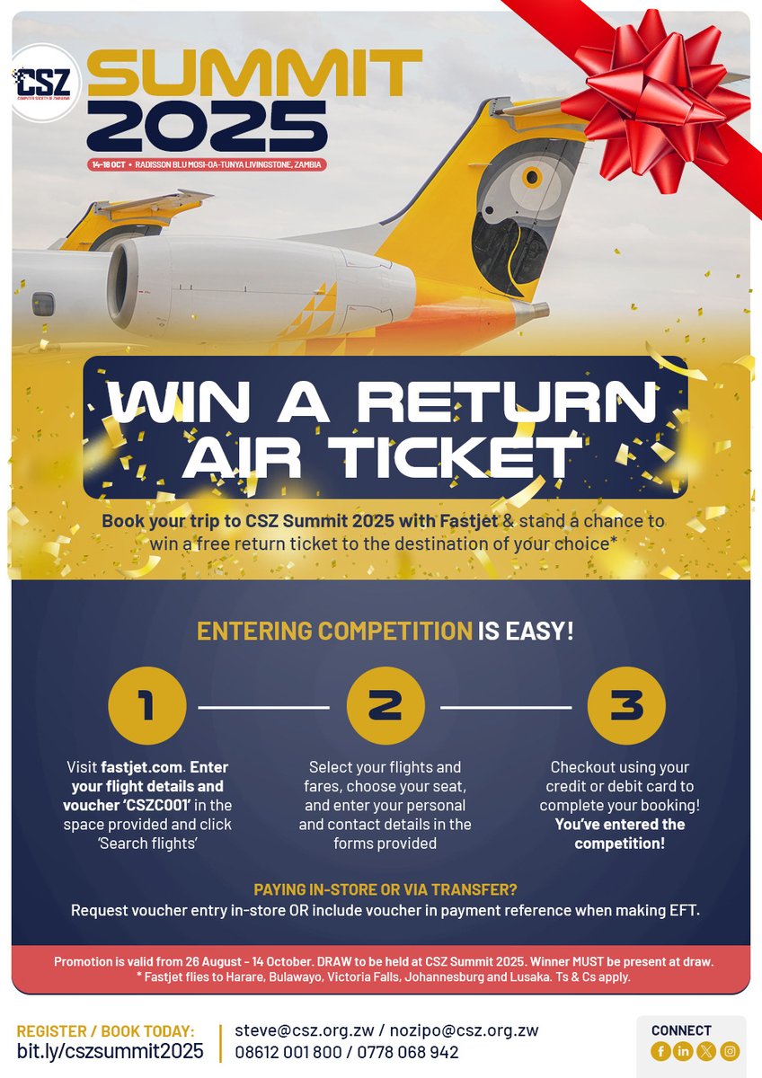 compsocietyzim's tweet image. WIN A RETURN AIR TICKET this CSZ Summit!

Book your trip to CSZ Summit 2025 with Fastjet and stand a chance to win a return ticket to a destination of your choice*, courtesy of Fastjet. Promotion is valid until 14 October. The draw will be held at Summit. The winner MUST be…