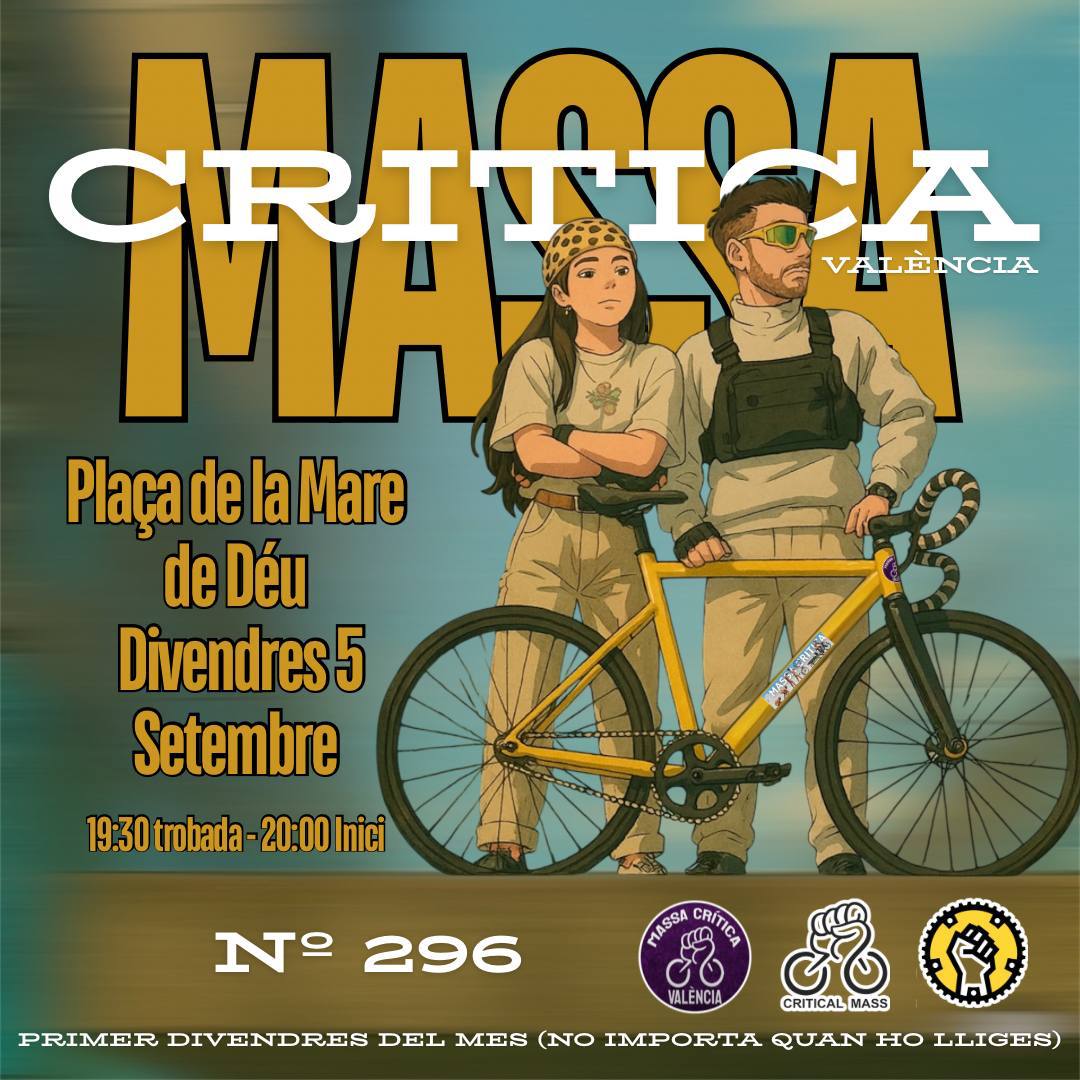 Massacriticavlc's tweet photo. @CriticalMaps Hui hi ha Massa Crítica València!! Com tots els primers divendres de mes moltes bicis coincidiran casualment per a fer un volt per la ciutat sense contaminar i amb alegria.

📍Plaza de la mare de Deu
⏰ 19.30 
🧭 Si arribes tard ens agafes amb @criticalmaps
 
��Viva la bici! https://t.co/kBQoIVCnTm