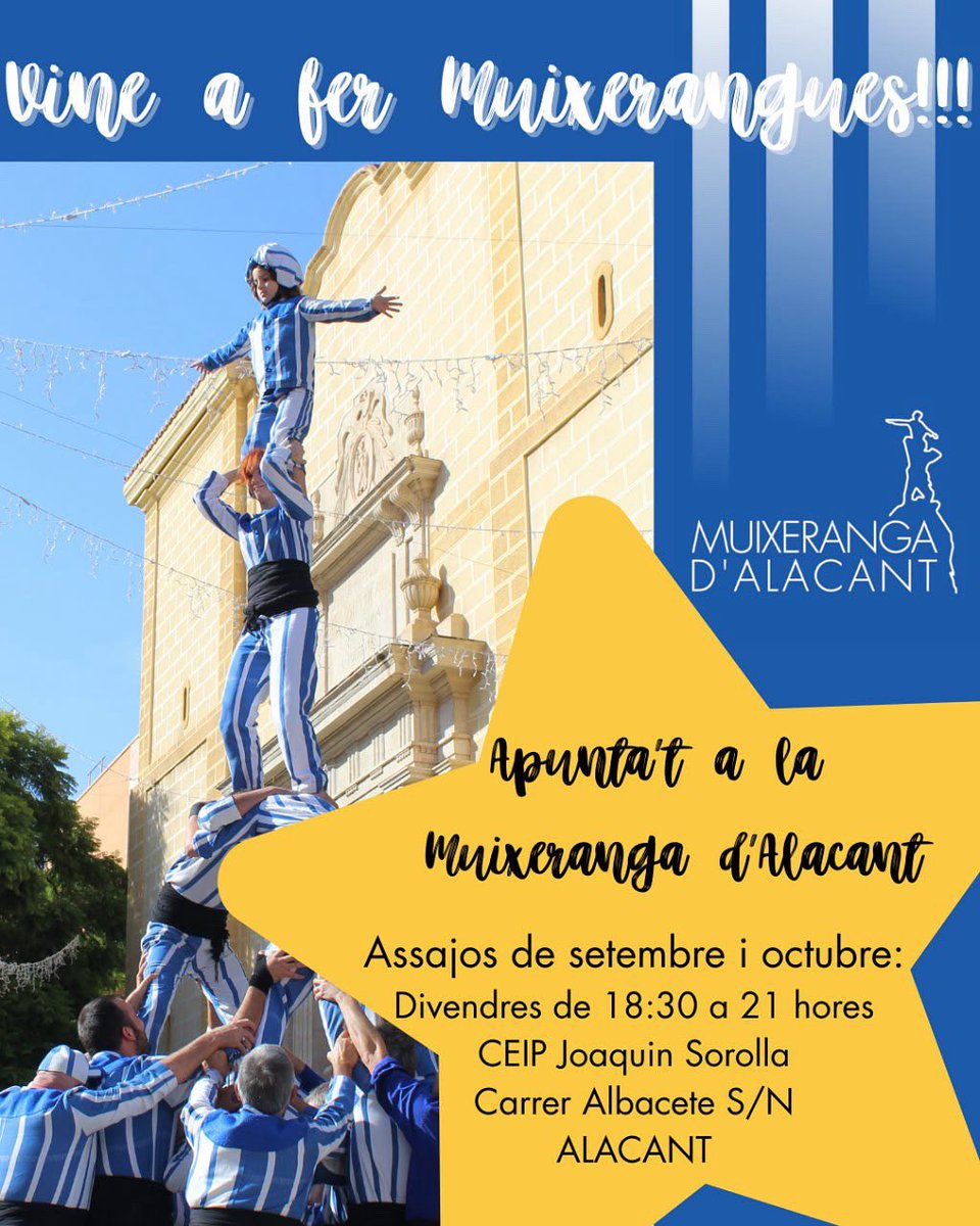 Comencem temporada! A partir del DIVENDRES 12 DE SETEMBRE DE 18:30 A 21 HORES assajarem al pati del CEIP JOAQUÍN SOROLLA D’ALACANT. Durant setembre i octubre tots els assajos seran els divendres en este lloc i horari. VINE A PROVAR I APUNTA’T A LA MUIXERANGA D’ALACANT!