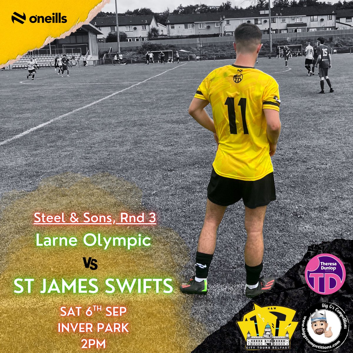 🍀 𝐓𝐎𝐌𝐎𝐑𝐑𝐎𝐖  🍀

Steel &amp; Sons cup action for the Swifts as we travel to Inver Park to face Larne Reserves

Kick off is 2pm for our travelling support 

Massive good luck to the management team and players ⚫️🟡🍀

BIG G’s Competitions | City Tours Belfast | Theresa Dunlop
