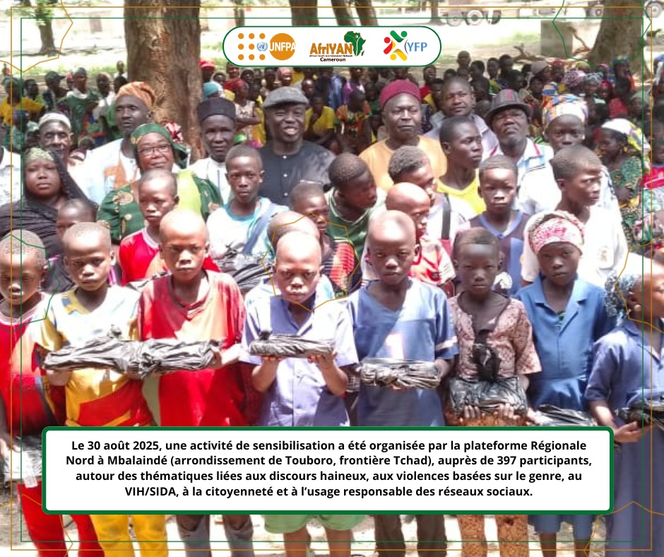 AfriYAN_Camer's tweet photo. La Plateforme Régionale #YouthFP Nord a sensibilisé 397 personnes à Mbalaindé sur les discours de haine, les #VBG, la prévention du #VIH/SIDA et l'utilisation citoyenne des réseaux sociaux. Ensemble, construisons une communauté plus forte et paisible !
#PutYoungPeopleFirst https://t.co/w0cKWtKBJQ