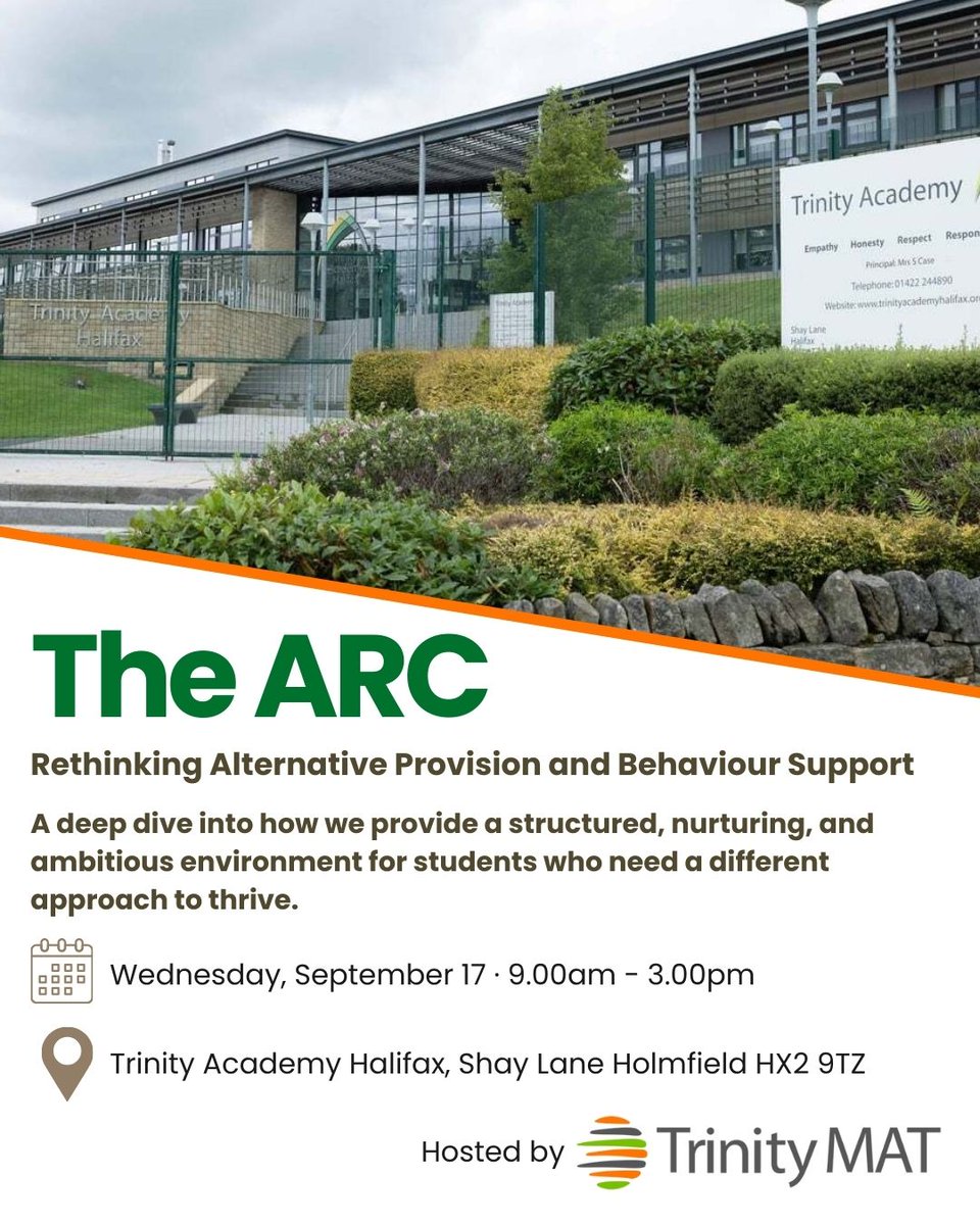 TrinityAcademyH's tweet image. Step into The ARC—Trinity Academy Halifax’s innovative, onsite alternative curriculum designed to re-engage students with challenging behaviour and unlock their potential.

For more information ---&amp;gt; eventbrite.co.uk/e/the-arc-reth…