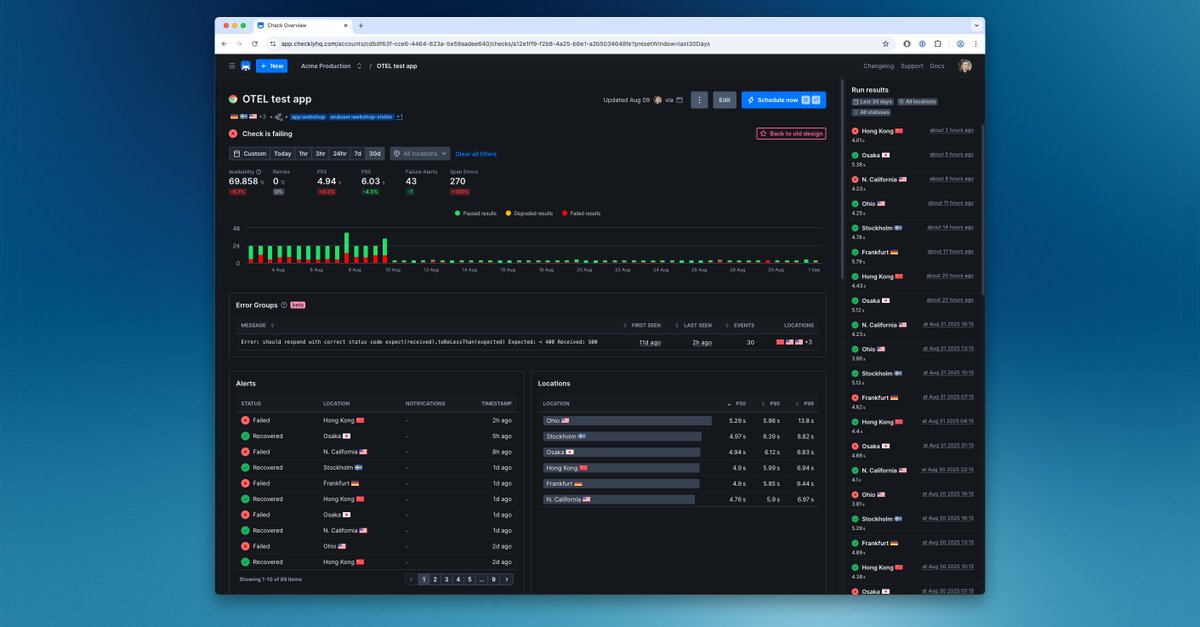 We just released a new Check Overview. It’s available to all users via opt-in, look for the “Try new design” button in the UI.

What’s new:
 • Error Groups (beta): Errors grouped by location, with AI insights for Browser Checks.
 • Faster navigation with a new date picker and
