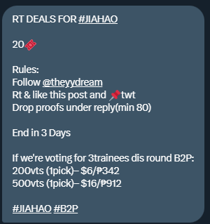 RT DEALS FOR #JIAHAO 

20🎟 

Rules: 
Follow <a href="/theyydream/">miyeon</a> 
Rt &amp; like this post and📌twt
Drop proofs under reply(min 80)  

End in 3 Days  

If we're voting for 3trainees dis round B2P: 
200vts (1pick)– $6/₱342 
500vts (1pick)– $16/₱912  

#JIAHAO #B2P