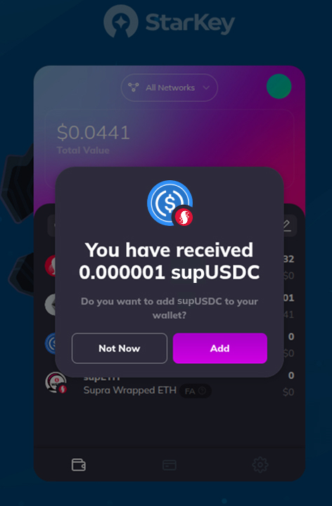 Stop searching for CAs to add new tokens to your wallet ❌

StarKey automatically detects new tokens and helps you add them to your list ✅

It even works for custom Supra tokens like CASH, supUSDC, and supETH!

See it in action 👉 starkey.app