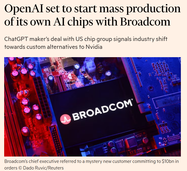 kimmonismus's tweet photo. OpenAI plans to mass-produce its own AI chips starting in 2026—a move that could significantly reduce its dependence on Nvidia and other companies. 

Together with Broadcom, the company is developing a special series of processors (“XPU”) intended exclusively for its own use. 

The reason for this is the enormous computing power required by modern models such as GPT-5, which until now could only be met by extremely expensive GPU clusters.