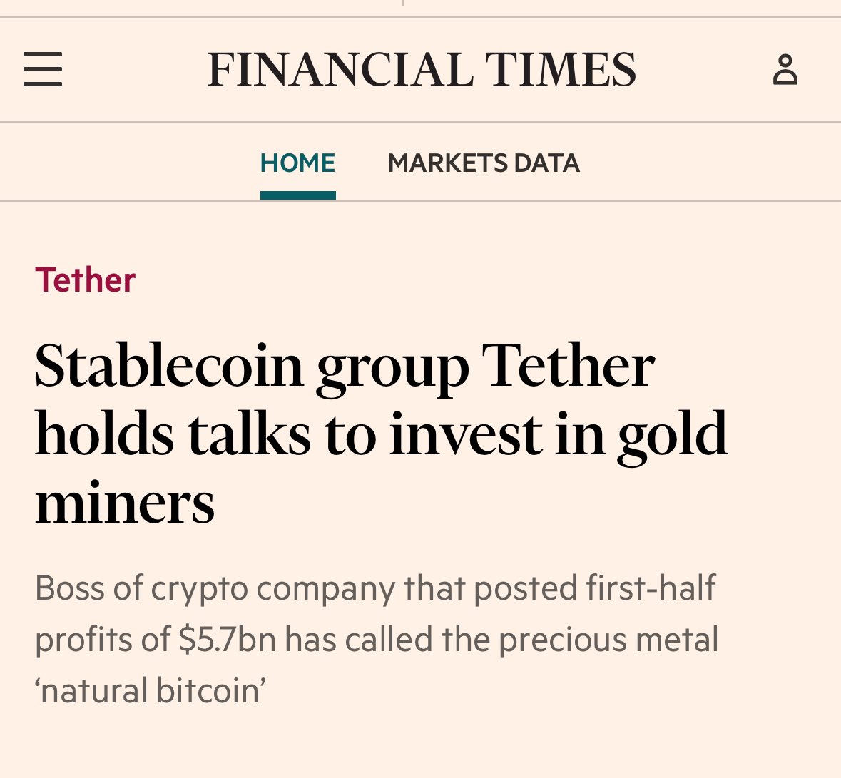 Bitcoms (@bitcoms) on Twitter photo The most interesting thing about the <a href="/FT/">Financial Times</a>‘s leading ‘news’ story is that there isn’t really any news in it.
Tether has long held gold, and already holds gold stocks.
So you have to ask: why are they running this so prominently? The most interesting thing about the <a href="/FT/">Financial Times</a>‘s leading ‘news’ story is that there isn’t really any news in it.
Tether has long held gold, and already holds gold stocks.
So you have to ask: why are they running this so prominently?