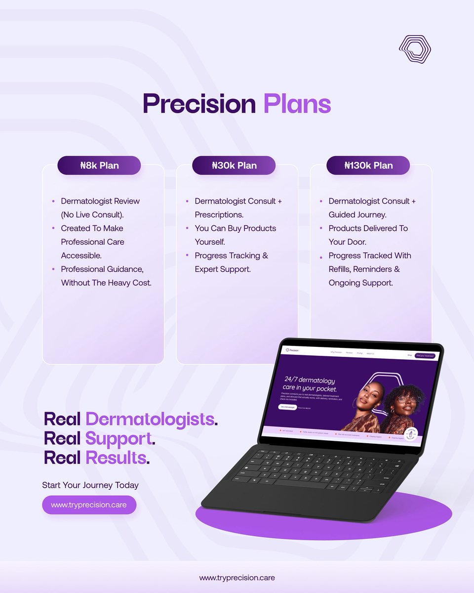try_precision's tweet image. We’re excited to launch Precision’s new plans 🎉
→ Derma Assessment: expert care from ₦8,000, designed for Africa’s realities
→ Derma Consultation (Virtual and Physical)
→ Precision Auto Refill
 Don’t waste years or money on guesswork
 
Learn more: tryprecision.care
