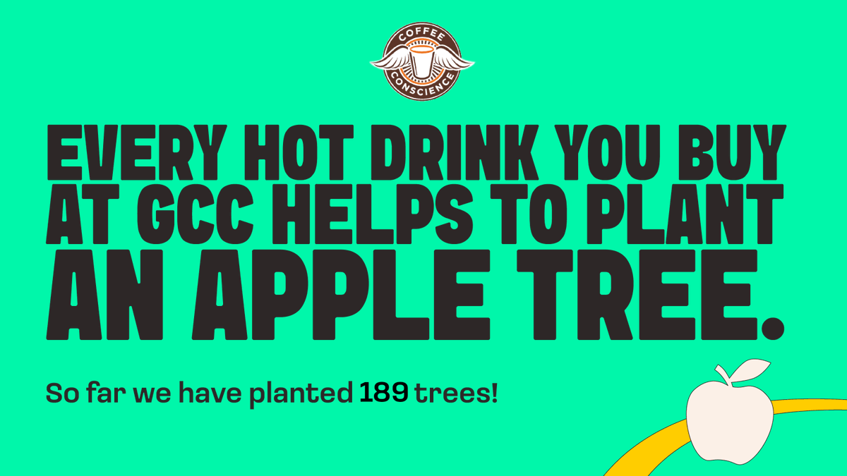 Glasgow_Clyde's tweet photo. Getting a hot drink at GCC helps someone get one of their five a day! Our partnership with Coffee Conscience has blossomed with 189 apple trees planted throughout the West of Scotland on the back of your caffeine hit.
#LifeChangingStuff #Coffee #CoffeeConscience #ThinkGreen https://t.co/GsFSbM2TwR