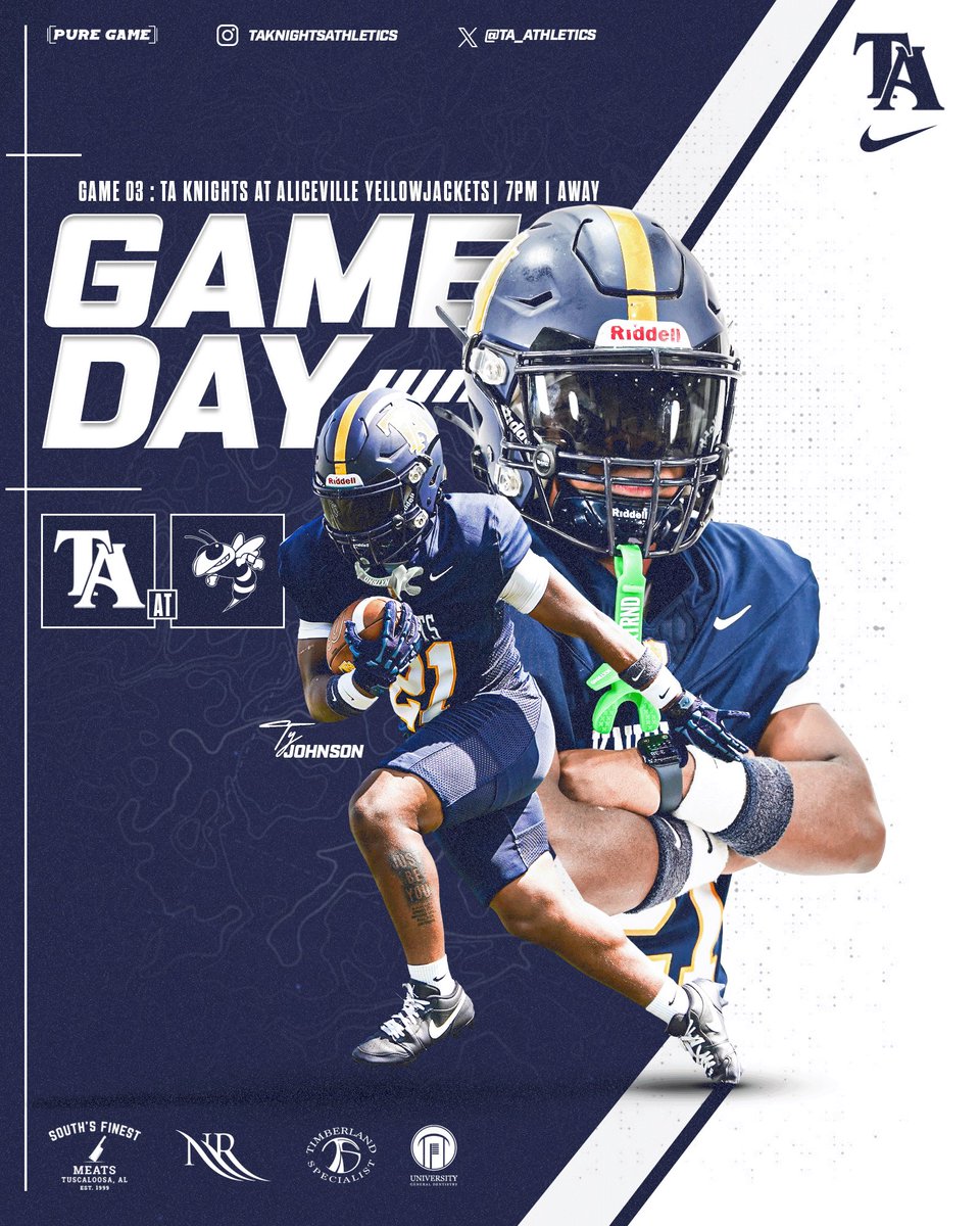 🏈 𝙄𝙏’𝙎 𝙂𝘼𝙈𝙀𝘿𝘼𝙔! 🏈
Region Play Starts Now
Tuscaloosa Academy at Aliceville
Friday | September 5 | 7pm | Aliceville
#TuscaloosaAcademy #RTGK