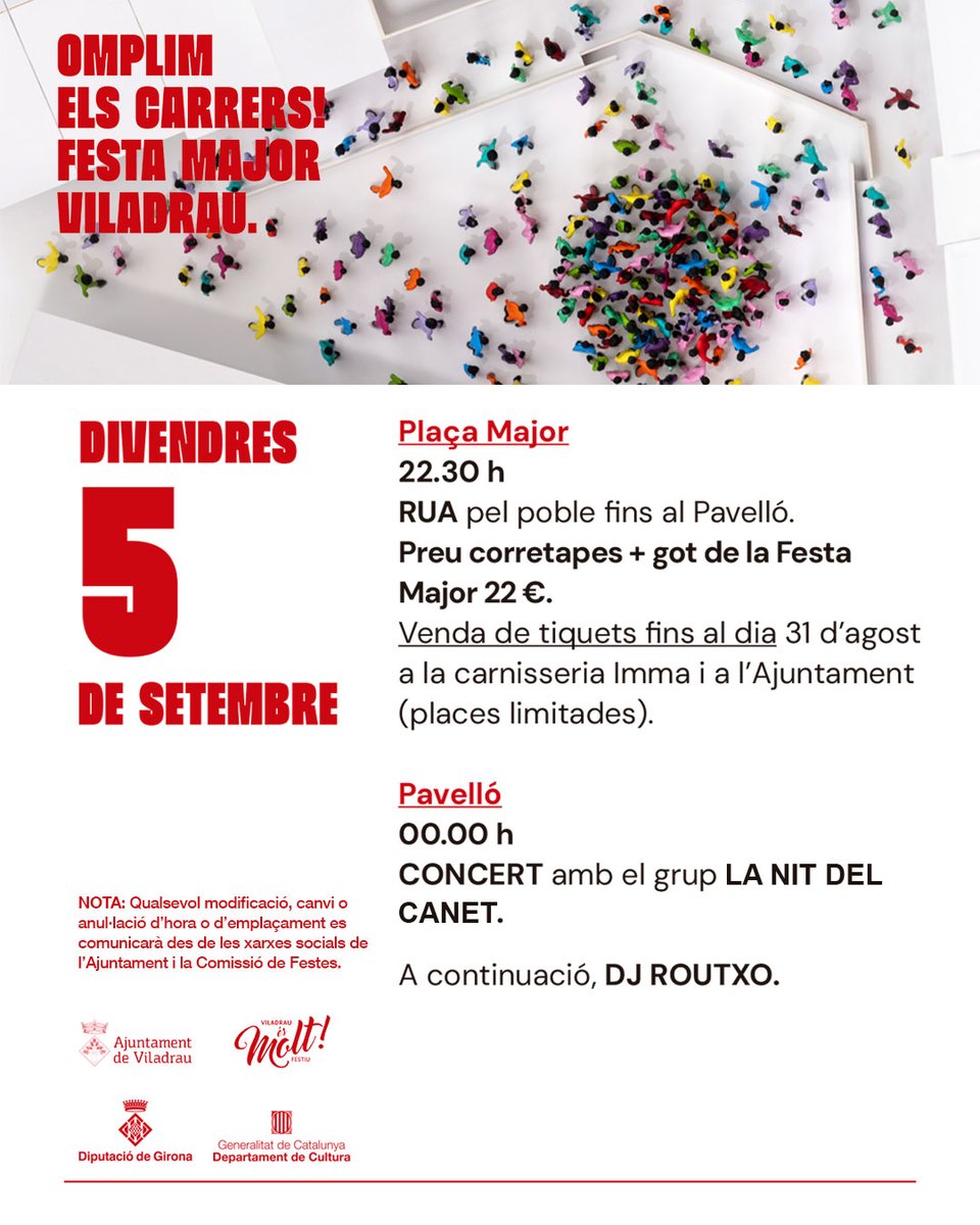 📝 ACTES 📅 D'AVUI DIVENDRES 5 DE SETEMBRE 🎊🎉 FESTA MAJOR VILADRAU 2025

🥪 Corretapes
🥁 Txaranga i rua
🎤 Concert La Nit del Canet
🎧 DJ Routxo

ℹ️ Més informació:
🌐 bit.ly/4fh3VDT

#FestaMajorViladrau2025 #FMViladrau2025 #Viladrau #Osona #Viladrauésmolt