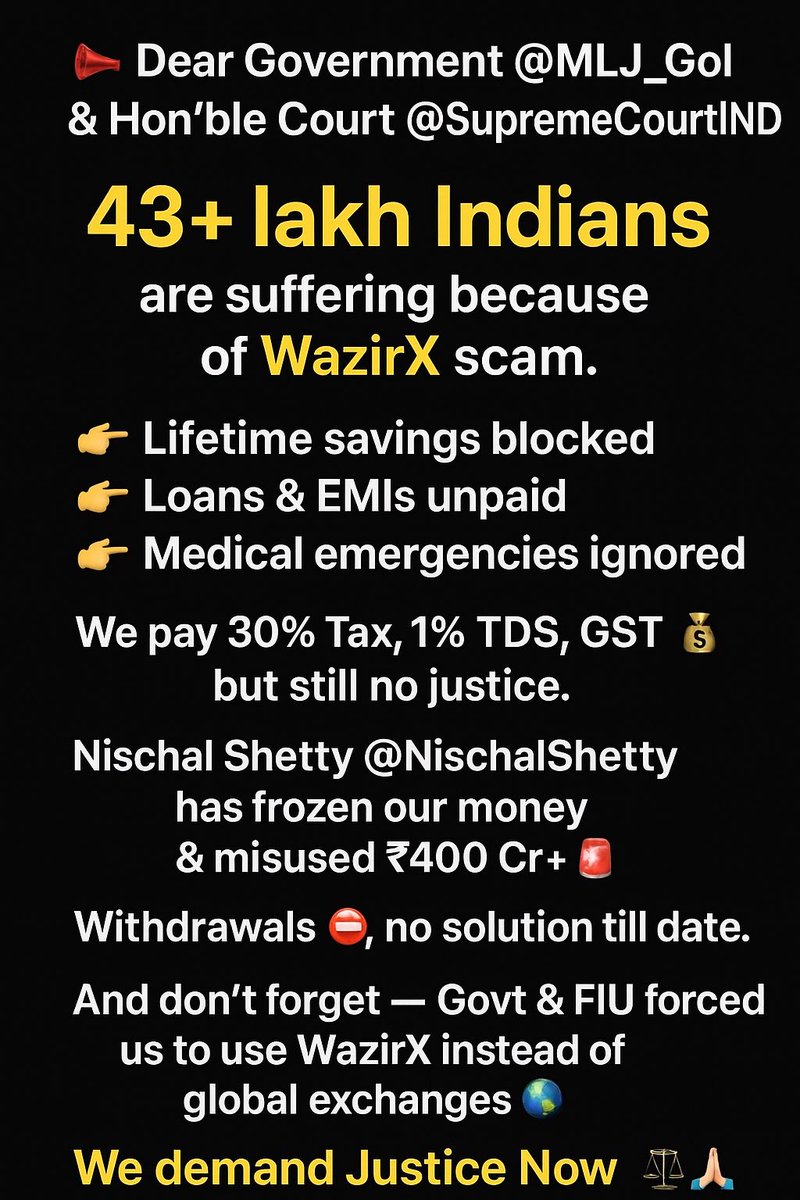 📢 Dear Government &amp; Hon’ble Court,{ <a href="/PMOIndia/">PMO India</a> , <a href="/SupremeCourtIND/">Supreme Court India</a> }

We, more than 43 lakh Indian citizens, want to ask you — how long will our lives continue to be ruined?

How long will people like Nischal Shetty keep cheating innocent users and there will be no action on
