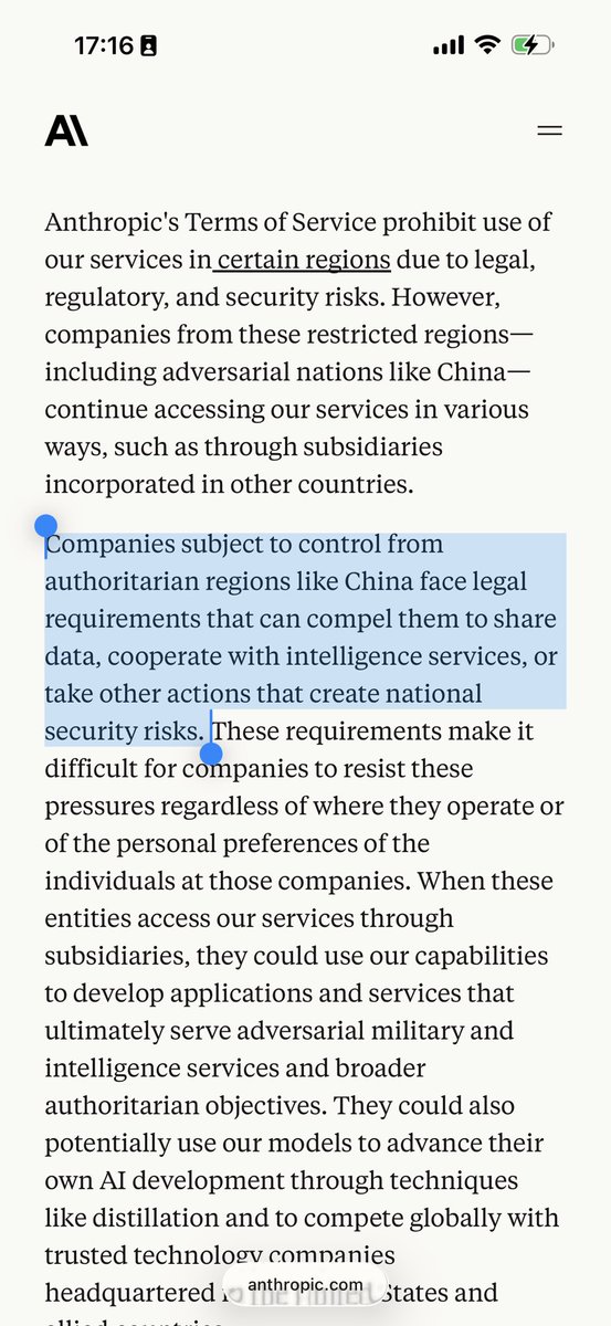 <a href="/baarlock/">洛神父🐱</a> <a href="/techeconomyana/">高级分析师</a> 其实那个通告说的很清楚了，anthropic知道你不想配合都不行，所以干脆一刀切。

Dario不愧是在国内待过，还是太懂了