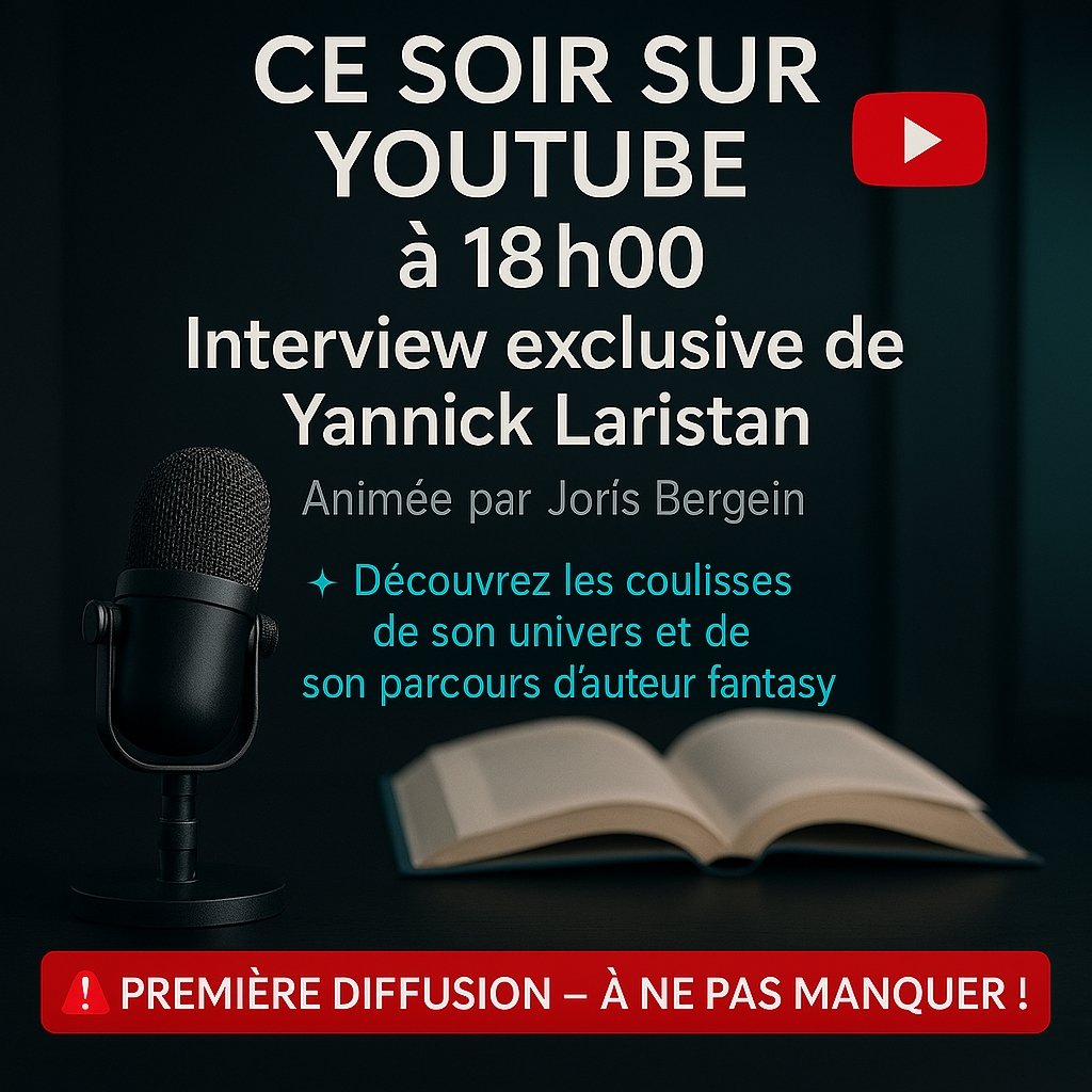 🎥 Ce soir à 18h00 sur YouTube  
Interview exclusive de Yannick Laristan animée par Joris Bergein  
✨ Plongée dans l’univers fantasy d’un auteur passionné  
🚨 Première diffusion – soyez là !

InterviewAuteur #FantasyFrancophone #YouTubePremiere #YannickLaristan #ÀNePasManquer