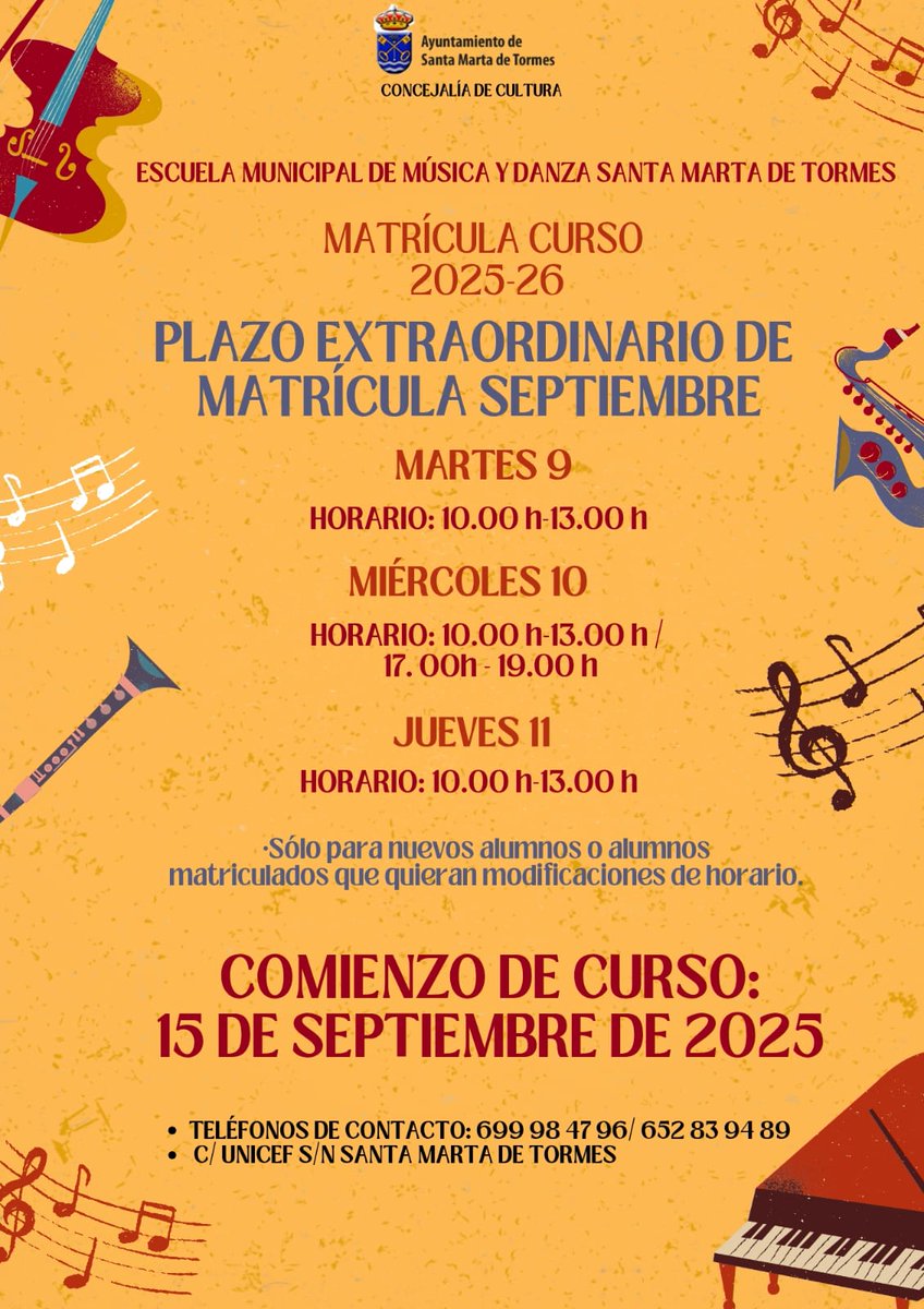 El 9 de septiembre se abre el plazo extraordinario para formalizar la matrícula en la Escuela Municipal de Música y Danza de Santa Marta de Tormes. Toda la información en el cartel