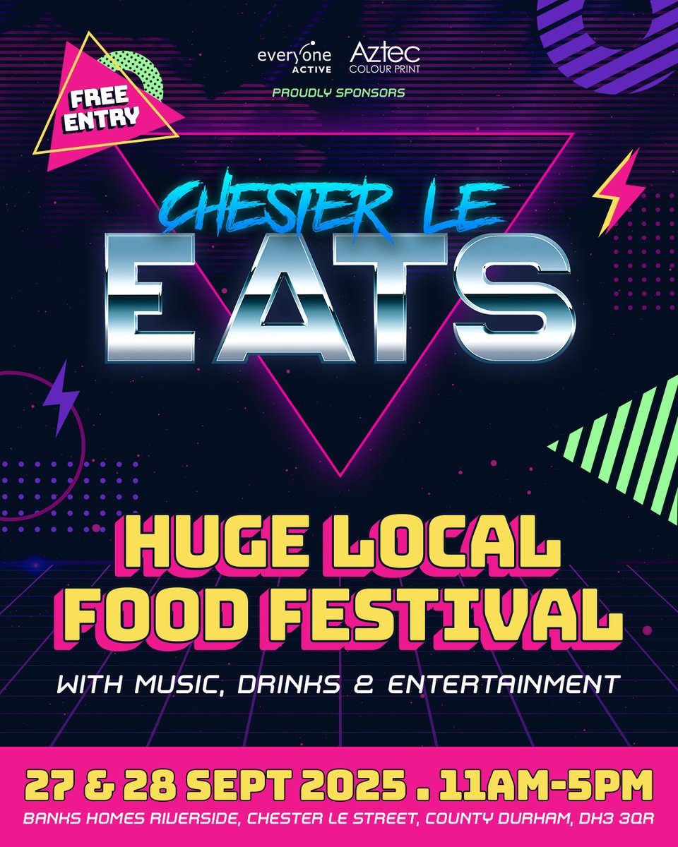 RiversideDurham's tweet photo. 🎪 What’s Chester-le-EATS All About? Let us fill you in!

Chester-le-EATS is County Durham’s ultimate FREE food, drink, and music festival, returning for 2025 with more flavour, fun, and retro flair than ever before 🍔🎶💃

Expect a weekend packed with:
🍔 Street food legends
🎸 Live music & local talent
🛍️ Indie stalls and artisan traders
💥 80s retro theme with BIG energy
🐶 Dog-friendly vibes

Whether you're into food, music, or just a great day out with your crew, follow us for tasty updates and sneak peeks as we count down to the big weekend!

📍 Where: Banks Homes Riverside, Chester-le-Street (home of Durham Cricket)
📅 When: Saturday 27 & Sunday 28 September 11am – 5pm.