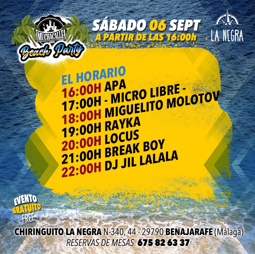#djs #microlibre #actuaciones #vinyl #mercadillo #gratuito
👉🏼Sábado 6 septiembre 
Evento Gratuito
📍Chiringuito La Negra. Playa de Benajarafe (Málaga)
#muchacallebeachparty #hiphop #funk #reggae #rap #rnb #nusoul #dancehall #breaks #septiembre #benajarafe #malaga #djs #gratis