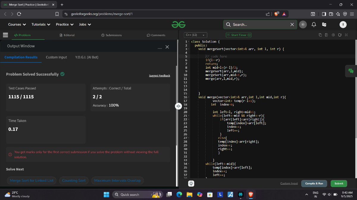 sahu_ipesh's tweet image. Day 14 of #100daysofcode

-&amp;gt; Solved Merge Sort on GFG.
-&amp;gt;Solved Reverse Pairs on LeetCode.

#100DaysOfCode #DSA #LeetCode