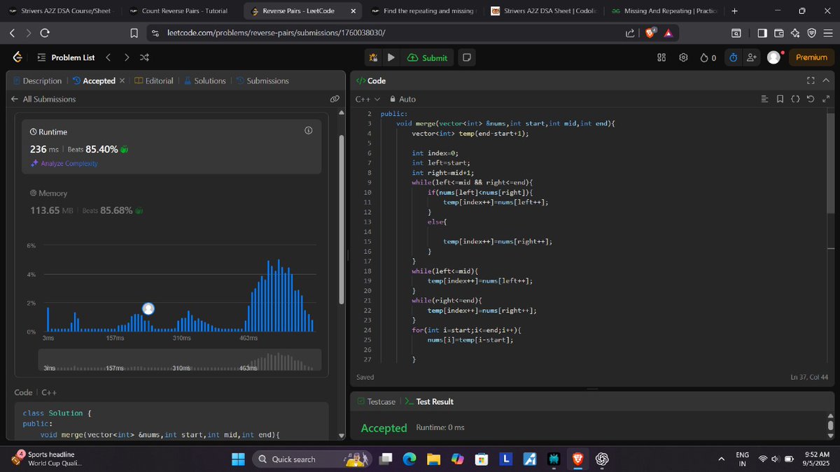sahu_ipesh's tweet image. Day 14 of #100daysofcode

-&amp;gt; Solved Merge Sort on GFG.
-&amp;gt;Solved Reverse Pairs on LeetCode.

#100DaysOfCode #DSA #LeetCode
