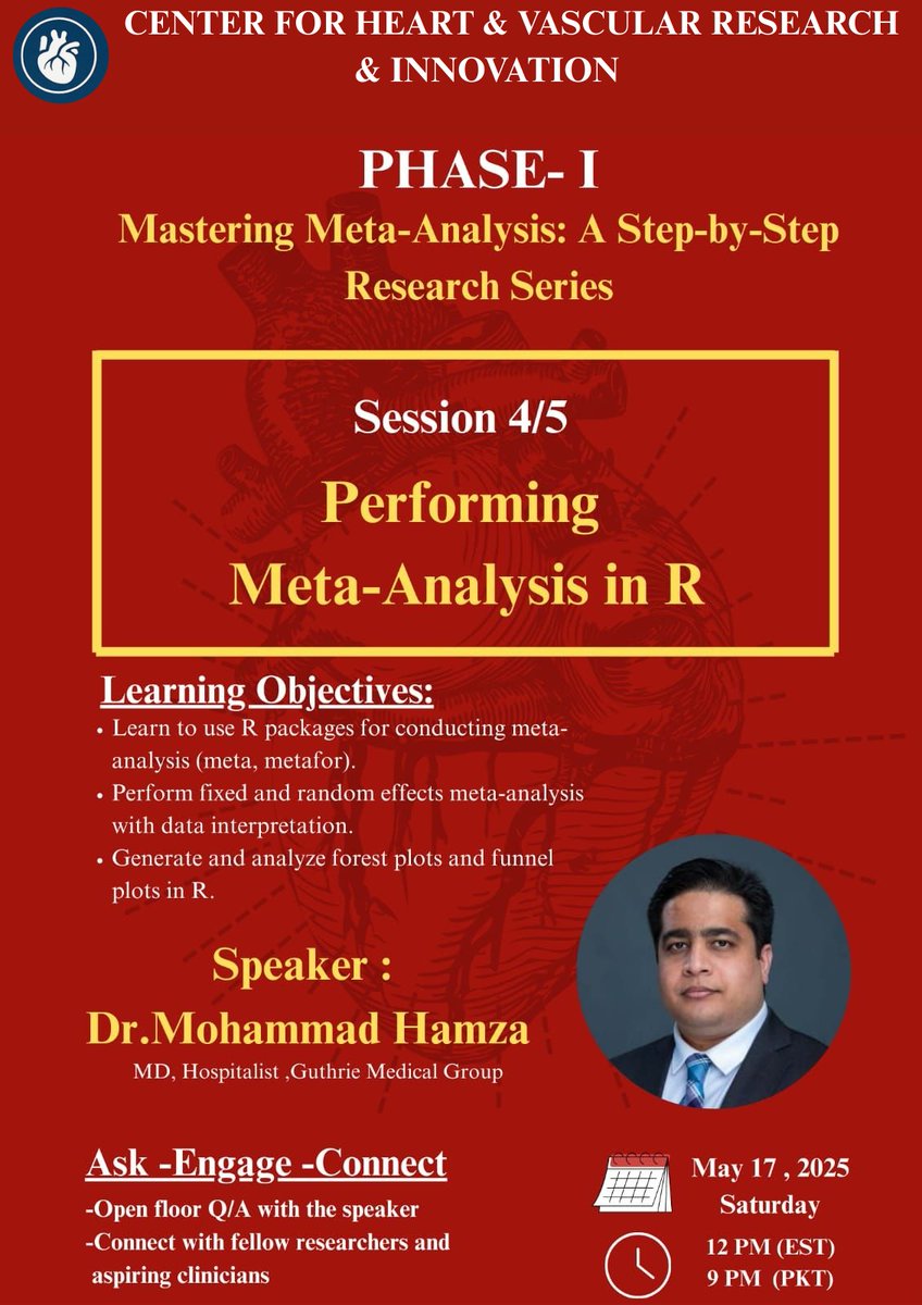 Session 4/5
Topic: Performing Meta Analysis in R
Speaker: Dr.Mohammad Hamza
📌 Youtube channel: Aamir Laghari MD FACP 
Watch here : youtube.com/watch?v=Tn5uh3…

#Research #metanalysis #CHVRI