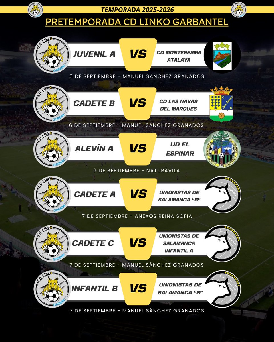 ⚽️ Amistosos CD LINKO GARBANTEL 🖤💛

Partidos de esta semana de nuestros equipos preparando el comienzo de la temporada 25-26