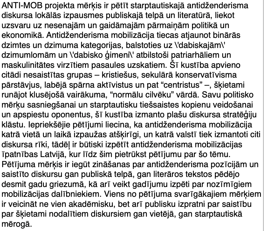 “Augstākā izglītība”. Jau projekta aprakstā pilnīgas muļķības, es pat teiktu meli.

Ja jau šeit pieskaita centristus, sajutīšos uzrunāta un pieņemšu, ka runā par visiem tiem, ko nu šie aktīvisti vienmēr pabāž zem viena jumta. Pabrīnīšos, ko tad vēl nepieminēja radikālas