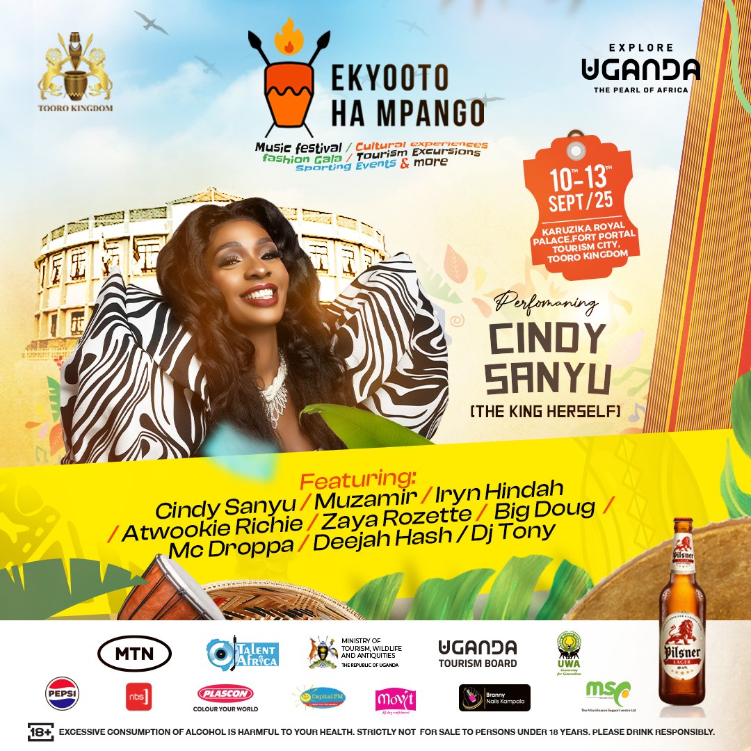 talentafrica's tweet photo. The Ekyooto Ha Mpango 2025 lineup is here, and it’s hotter than ever!

From Cindy Sanyu, Muzamir, Iryn Hindah, Atwookie Richie, Zaya Rozette, Big Doug, Mc Droppa, Deejah Hash to DJ Tony get ready for unforgettable performances as we celebrate 30 years of His Majesty King Oyo Rukidi IV’s Empango at the Karuzika Royal Palace, Fort Portal Tourism City.

📅 10th–13th September 2025

Culture. Music. Royalty. One Experience.

#EmpangoAt30 #TAGevents #EkyootoHaMpango2025