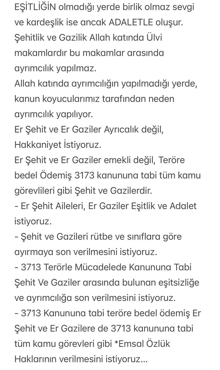 Er şehit ve Gaziler Ayrıcalık değil hakkaniyet istiyorlar.!🇹🇷
<a href="/RTErdogan/">Recep Tayyip Erdoğan</a> <a href="/hasandogan/">Hasan Doğan</a> <a href="/NumanKurtulmus/">Numan Kurtulmuş</a> <a href="/TBMMresmi/">TBMM</a> <a href="/efkanala/">Efkan Âlâ</a> <a href="/mustafaelitas/">Mustafa Elitaş</a> <a href="/MahinurOzdemir/">Mahinur Özdemir Göktaş</a> <a href="/tcsavunma/">T.C. Millî Savunma Bakanlığı</a> <a href="/memetsimsek/">Mehmet Simsek</a> <a href="/isikhanvedat/">Prof. Dr. Vedat Işıkhan</a> <a href="/AliYerlikaya/">Ali Yerlikaya</a> <a href="/ashb_sehitgazi/">Şehit Yakınları ve Gaziler Genel Müdürlüğü</a>