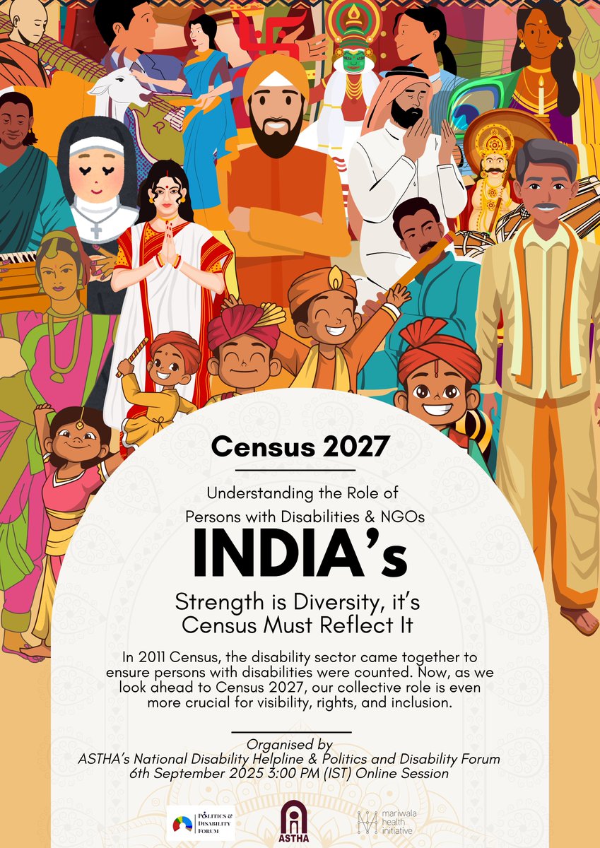 Join us for Census 2027: Role of Persons with Disabilities &amp; NGOs
6 Sept 2025 | 3 PM IST
With Smitha Sadasivan, Nikita Sarah, Sruti Mohapatra &amp; Rama Krishnamachari
Organised by ASTHA, Politics and Disability Forum &amp; Mariwala Health Initiative
Register: forms.gle/3EXfVUMfLR1XtW…