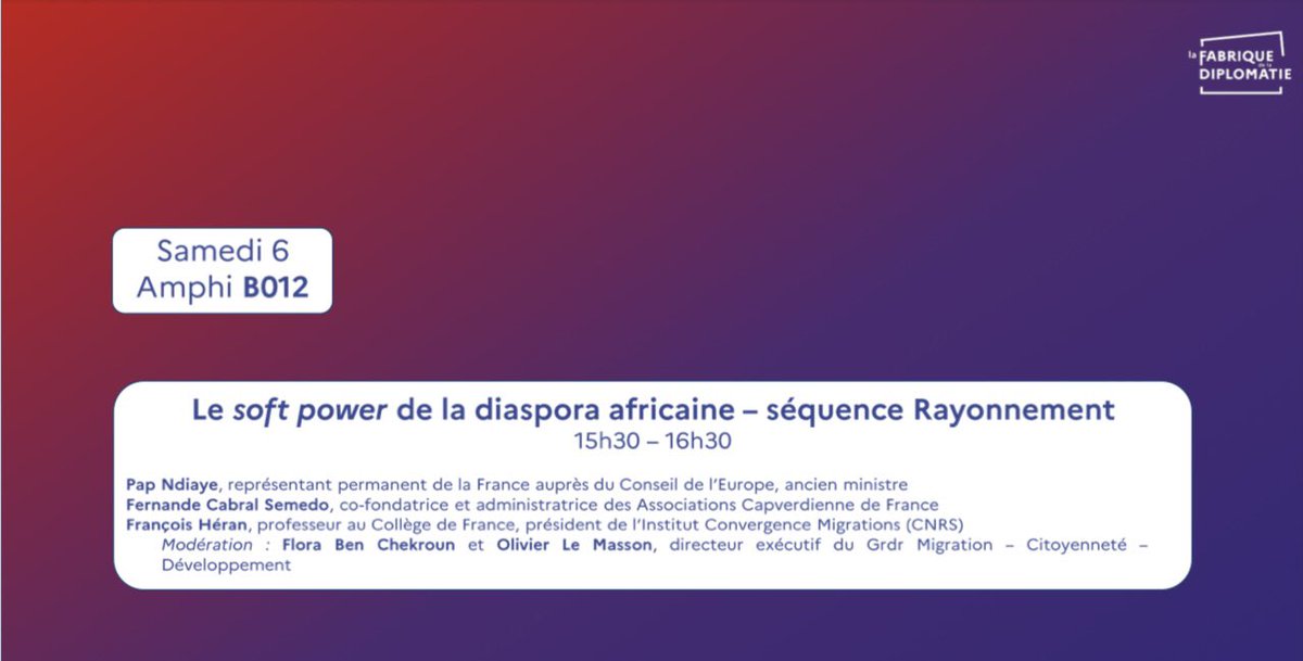 📍Aujourd’hui et demain, rendez-vous à la #FabriqueDeLaDiplomatie.

✨Au programme : ateliers et tables rondes pour découvrir l’action internationale de la 🇫🇷 et les métiers qui façonnent notre politique étrangère. 

➡️ J’interviendrai sur l’influence des #diasporas africaines 🌍