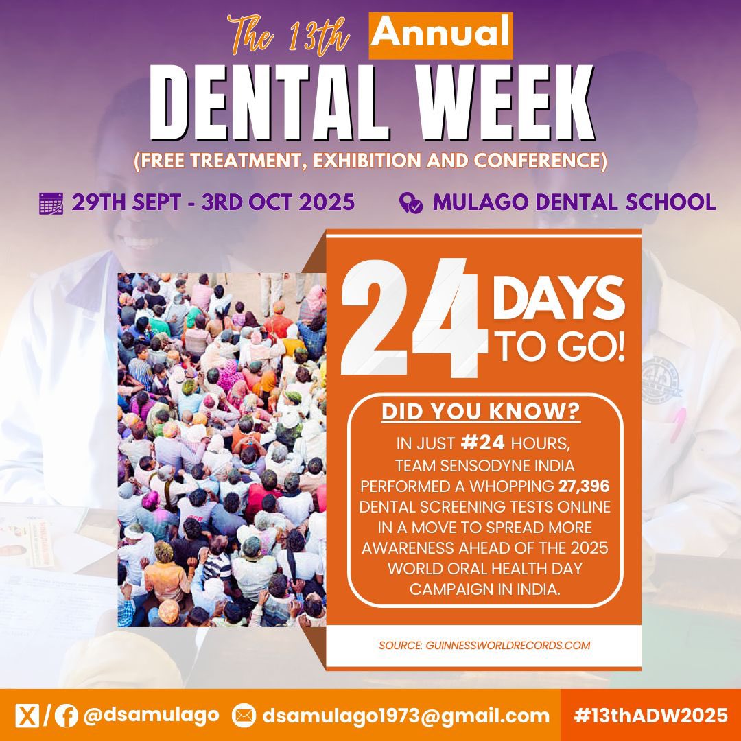 dsamulago's tweet photo. ⸻

24 DAYS TO GO!
In just 24 days, the 13th Annual Dental Week kicks off at Mulago Dental School 
Join us from sept 29th to Oct 3rd 2025 for FREE treatment, exhibitions, and conference!

Let’s celebrate smiles, spread awareness, and make oral health a priority.
Don’t miss it! https://t.co/9SvVsZlwLx